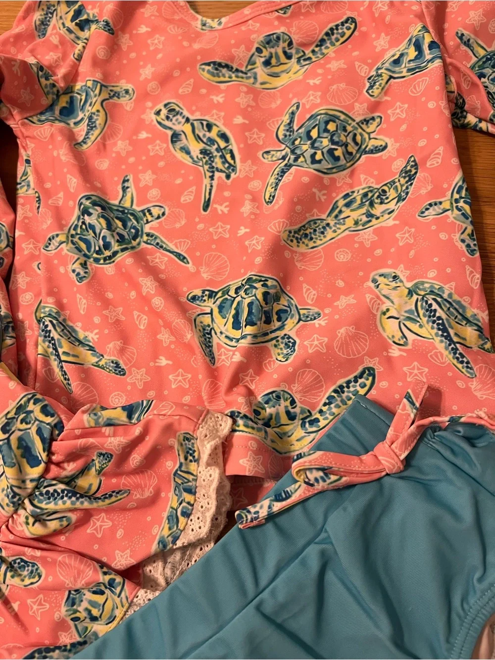 Kids Pink Turtle Print Swim Set with Blue Bottoms
